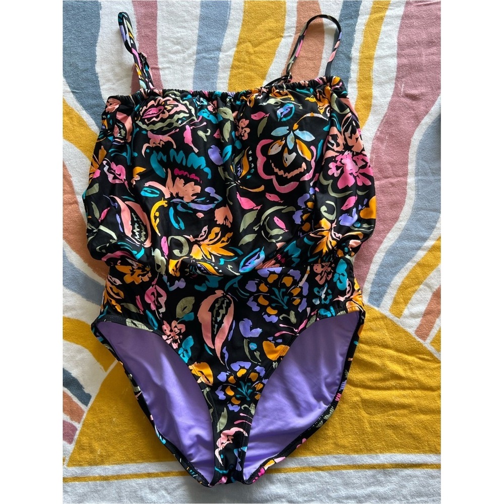 Anne Cole Black Floral One-Piece Swimsuit Purple Lining Size 10